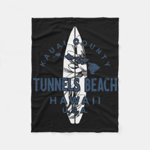 Tunnels Beach Kauai Hawaii Vintage Surfing Fleece Blanket