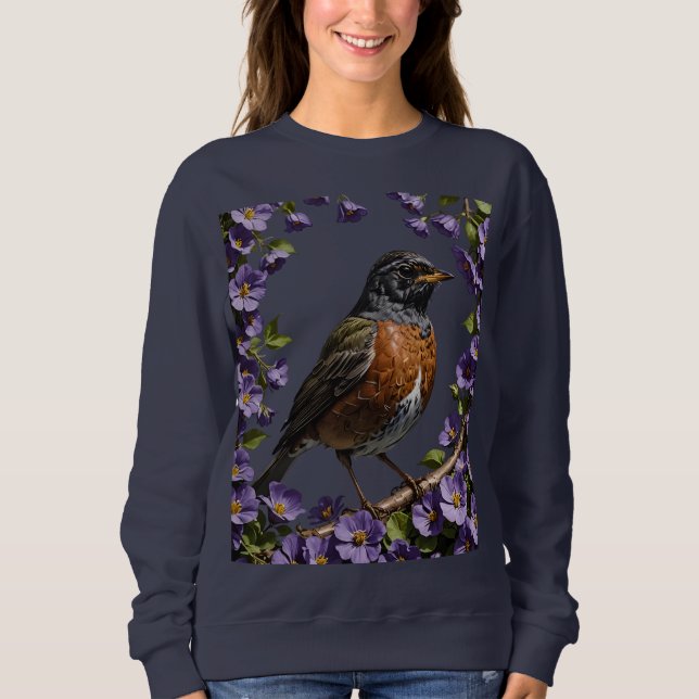 Turdus migratorius Bird Surrounded By Violet Viola Sweatshirt (Front)