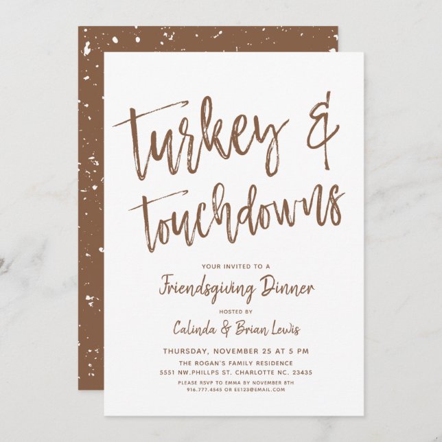 Turkey and Touchdowns | Friendsgiving Party Brown Invitation (Front/Back)