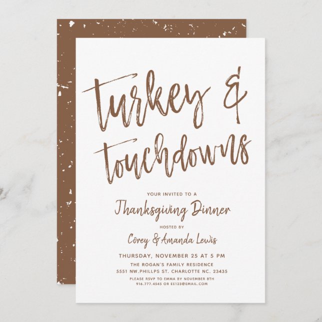 Turkey and Touchdowns | Thanksgiving Party Brown Invitation (Front/Back)