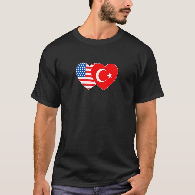 Turkey and USA Flag Twin Heart for Turkish America T-Shirt (Front)