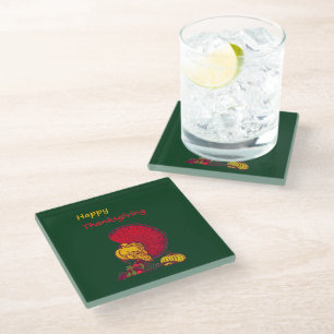 Turkey and veggies happy Thanksgiving green Glass Coaster