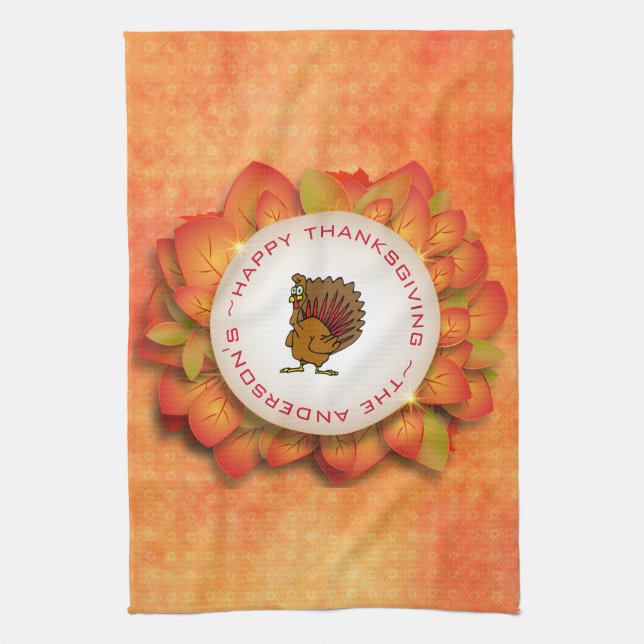 Turkey And Wreath of Leaves Tea Towel (Vertical)
