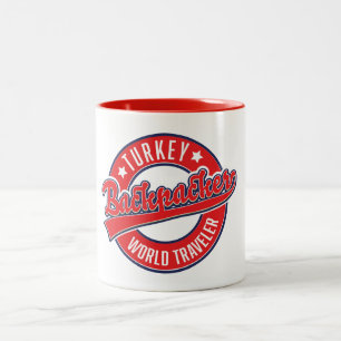 Turkey backpacker world traveller retro logo. Two-Tone coffee mug