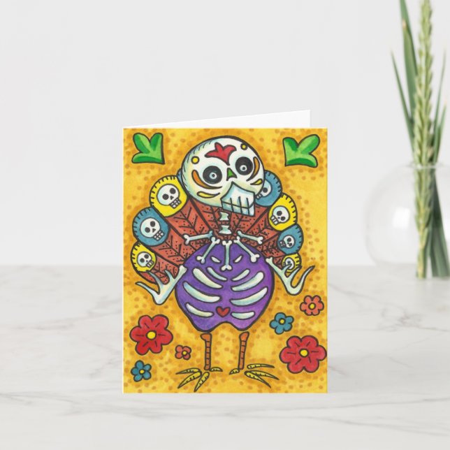 TURKEY BONES COLORFUL FOLK THANKSGIVING BIRD SKULL CARD (Front)