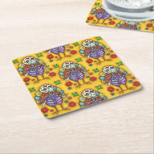 TURKEY BONES COLORFUL FOLK THANKSGIVING BIRD SKULL SQUARE PAPER COASTER