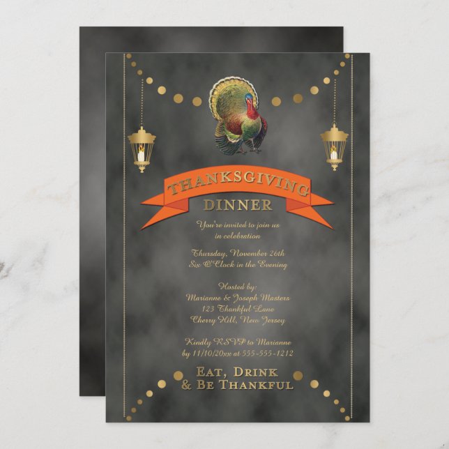 Turkey Chalkboard Lanterns Thanksgiving Dinner Invitation (Front/Back)