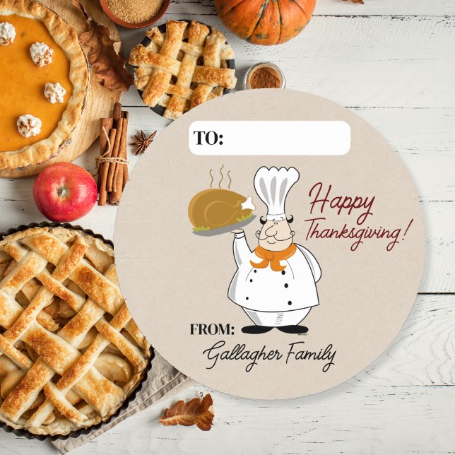 Turkey Chef Thanksgiving Food Writable Favour  Classic Round Sticker (Chef with a Turkey Favor Sticker for Thanksgiving)