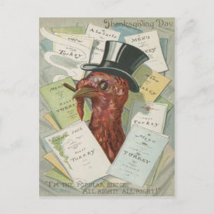 Turkey Cigar Top Hat Thanksgiving Menu Postcard