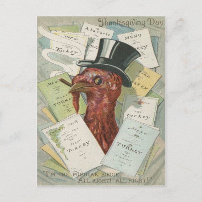 Turkey Cigar Top Hat Thanksgiving Menu Postcard (Front)