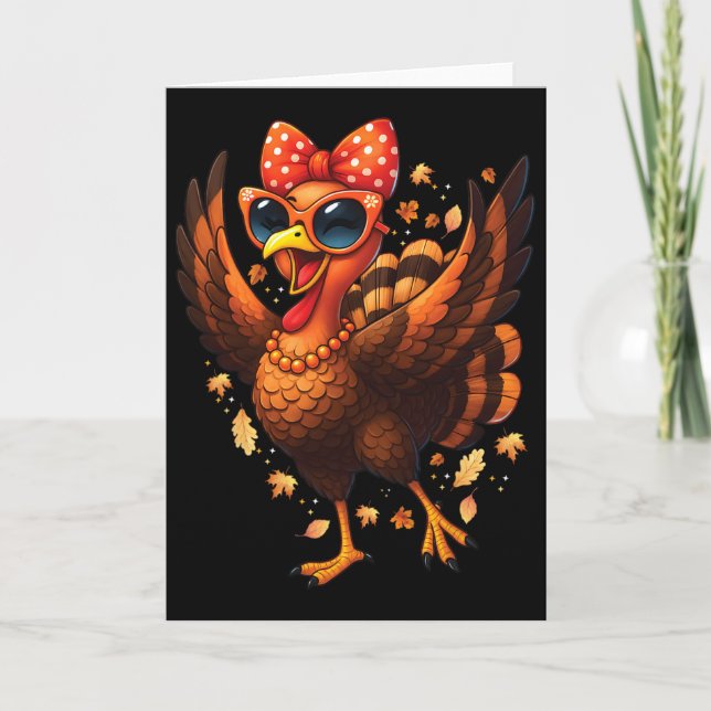 Turkey Dancing Turkey Day Womens Fall Cute Bow Tha Card (Front)