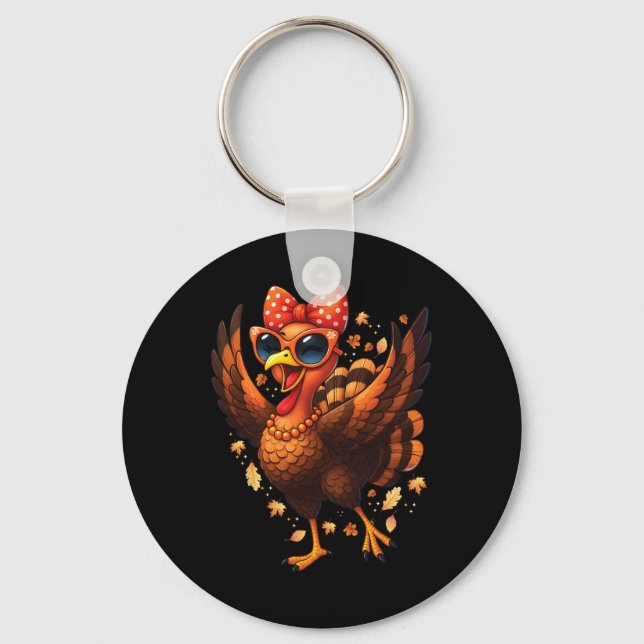 Turkey Dancing Turkey Day Womens Fall Cute Bow Tha Key Ring (Front)