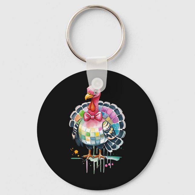 Turkey Dinner Fall Thanksgiving Coquette Bow Disco Key Ring (Front)