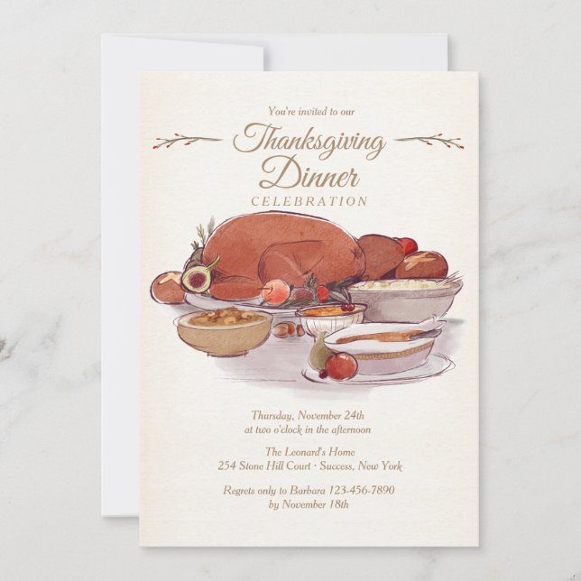 Turkey Dinner in Watercolor Invitation (Front)