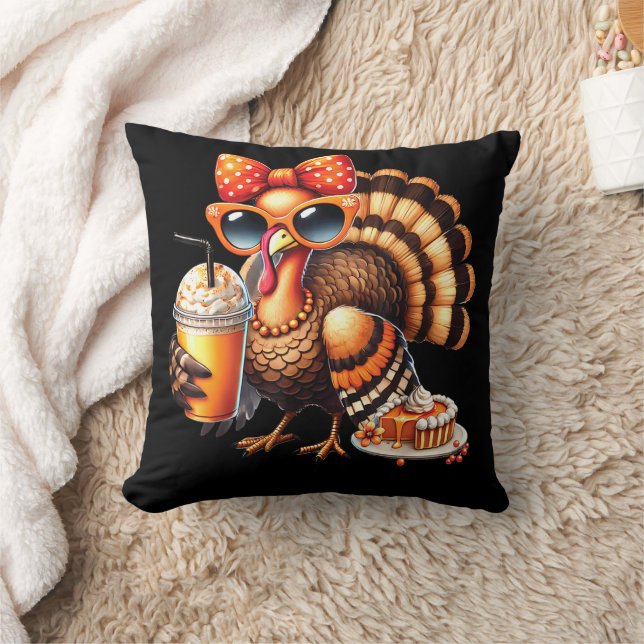 Turkey Drinking Coffee Bow Thanksgiving Turkey Day Cushion (Blanket)