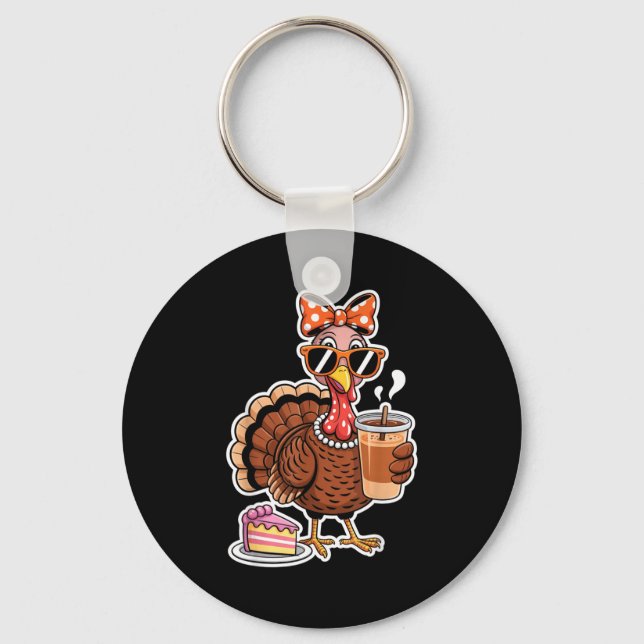 Turkey Drinking Coffee Bow Thanksgiving Womens Tur Key Ring (Front)