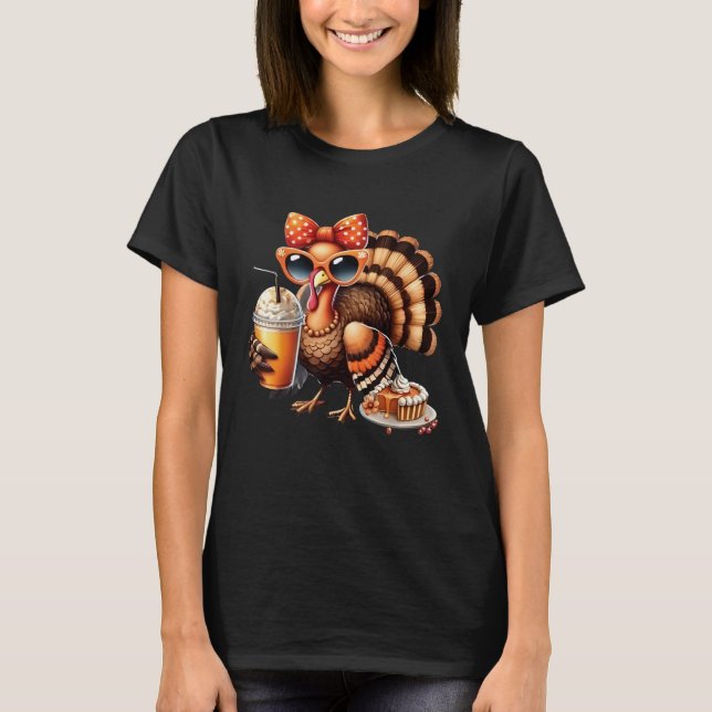 Turkey Drinking Coffee Bow Thanksgiving Womens Tur T-Shirt (Front)