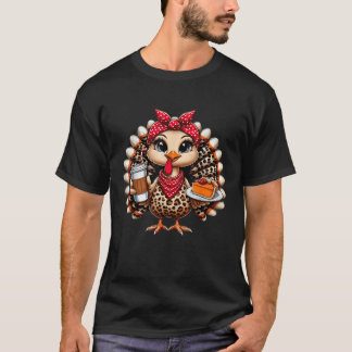 Turkey Drinking Ice Coffee Bow Thanksgiving Women  T-Shirt
