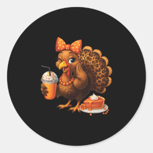 Turkey Drinking Ice Coffee Thanksgiving Bow Girls Classic Round Sticker