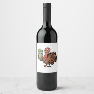 Turkey Drinking Matcha Lovers Thanksgiving Wine Label