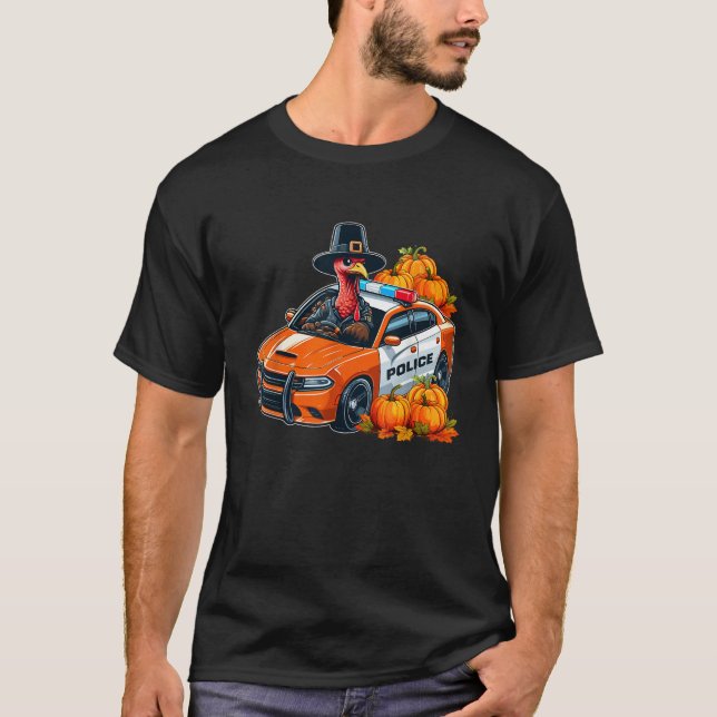 Turkey Driving Police Car Thanksgiving Driver Fall T-Shirt (Front)