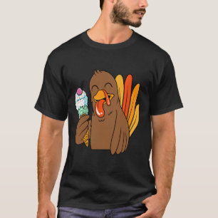 Turkey Eating Ice Cream Thanksgiving Day Funny Fal T-Shirt