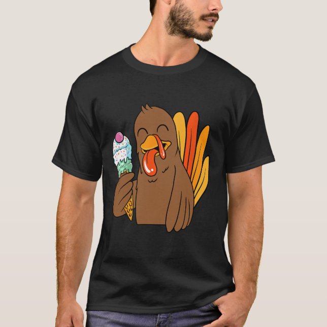 Turkey Eating Ice Cream Thanksgiving Day Funny Fal T-Shirt (Front)