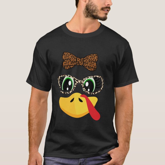 Turkey Face Eyelashes Leopard Glasses Funny Thanks T-Shirt (Front)