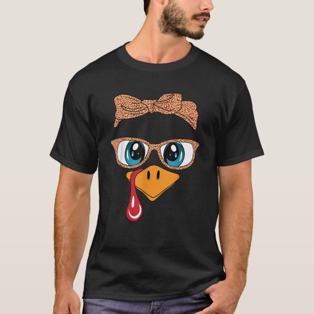 Turkey Face Eyelashes Leopard Glasses Funny Thanks T-Shirt (Front)