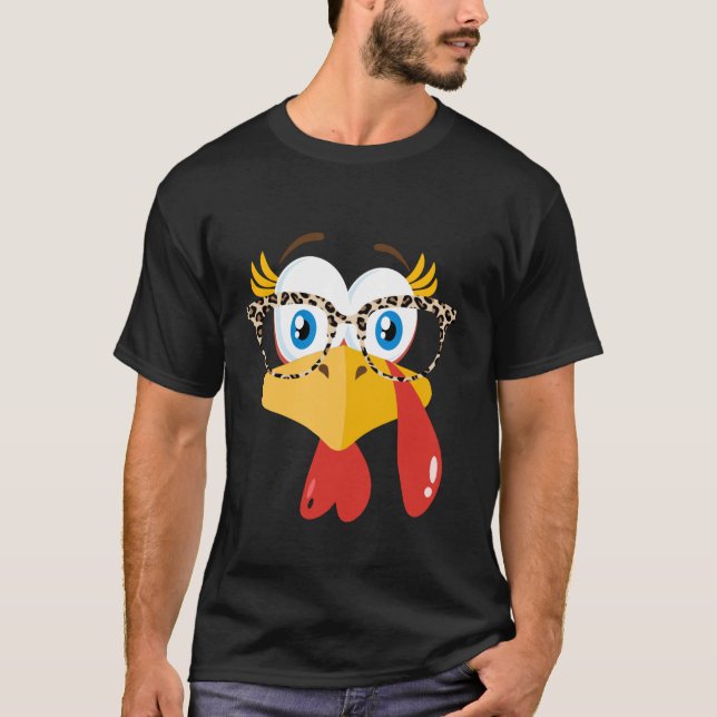 Turkey Face Eyelashes Leopard Glasses Funny Thanks T-Shirt (Front)