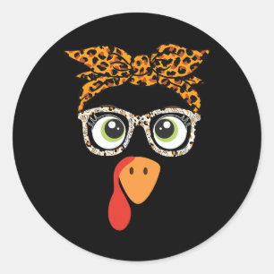Turkey Face Girl Leopard Thanksgiving Turkey Gles Classic Round Sticker