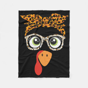Turkey Face Girl Leopard Thanksgiving Turkey Gles Fleece Blanket