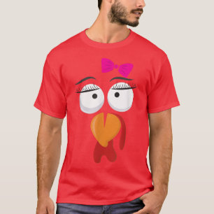 Turkey Face Girl Pink Bow Tee Kids Thanksgiving T-