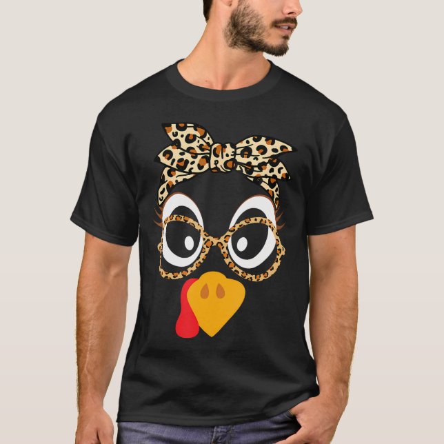 Turkey Face Leopard Headband Glasses Thanksgiving  T-Shirt (Front)