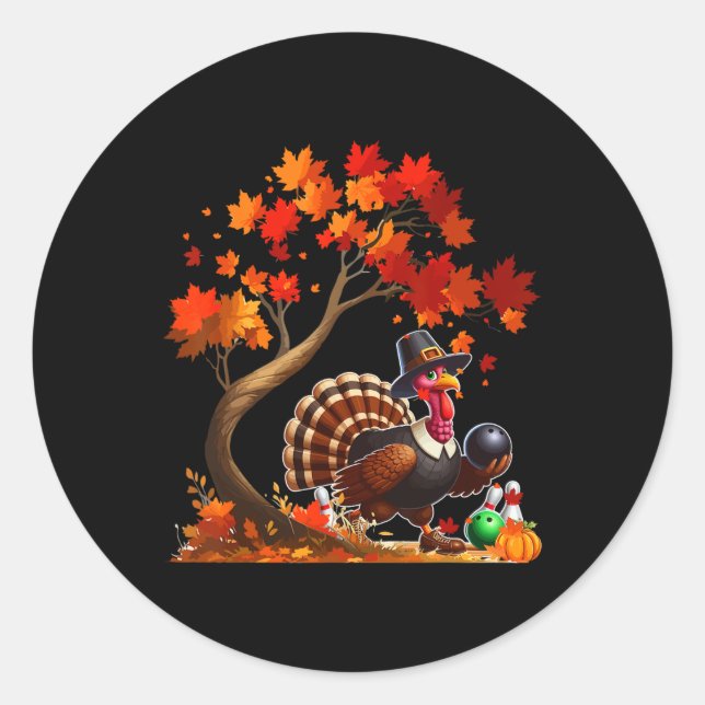 Turkey Fall Tree Thanksgiving Bowling Lover Player Classic Round Sticker (Front)