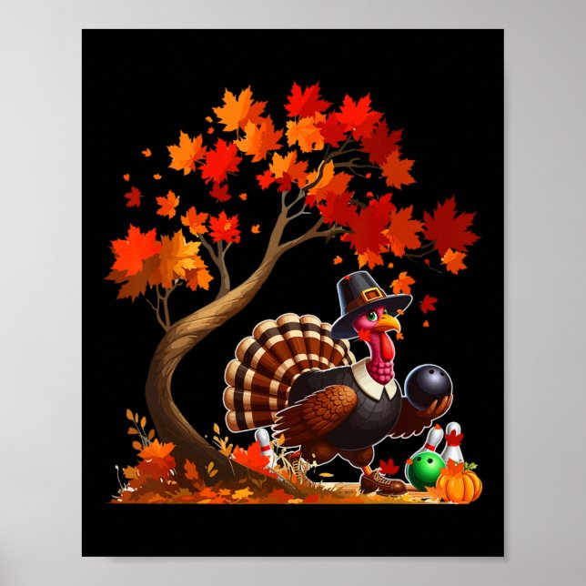 Turkey Fall Tree Thanksgiving Bowling Lover Player Poster (Front)
