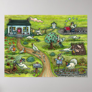 TURKEY FARM, HUMOROUS COUNTRY THANKSGIVING BIRDS POSTER