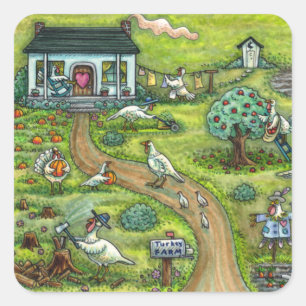 TURKEY FARM, HUMOROUS COUNTRY THANKSGIVING HOUSE SQUARE STICKER
