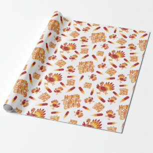 Turkey & Feather Happy Thanksgiving White Seamless Wrapping Paper
