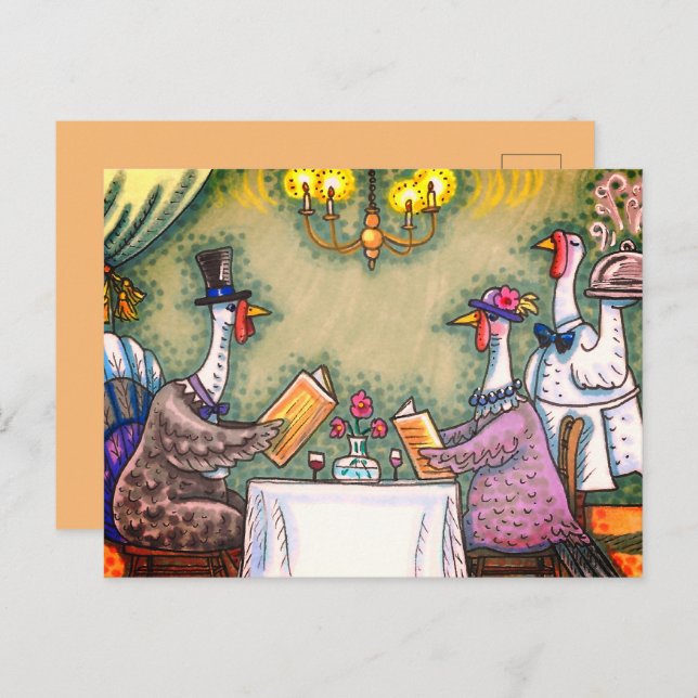 TURKEY FINE DINING, THANKSGIVING BIRD HUMOR HOLIDAY POSTCARD (Front/Back)