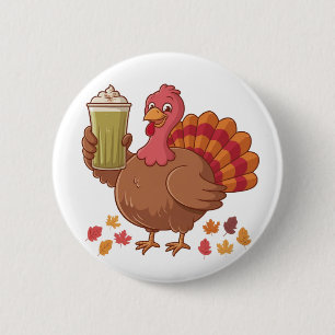 Turkey Holding Matcha Drink Thanksgiving 6 Cm Round Badge