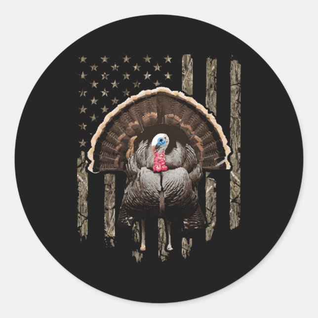 Turkey Hunting American Flag Tree Camouflage Classic Round Sticker (Front)