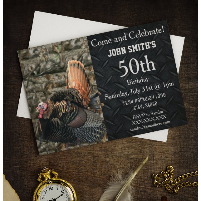 Turkey Hunting Men's Camo Birthday Invitations (Turkey hunting themed birthday party camo invitation)