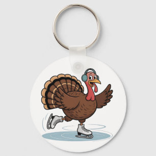 Turkey Ice Skating Thanksgiving Gobbler Key Ring