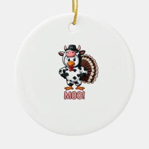 Turkey In Cow Costume, Moo Funny Thanksgiving _1 Ceramic Ornament