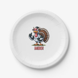 Turkey In Cow Costume, Moo Funny Thanksgiving Paper Plate