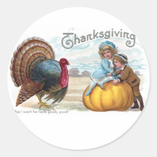 Turkey, Kids and Big Pumpkin Vintage Thanksgiving Classic Round Sticker