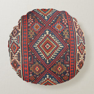 Turkey Kilim Aztec Red Blue Tan Round Cushion