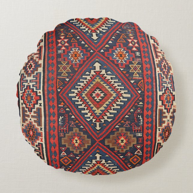 Turkey Kilim Aztec Red Blue Tan  Round Cushion (Front)