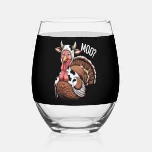 Turkey Moo Funny Thanksgiving  Stemless Wine Glass